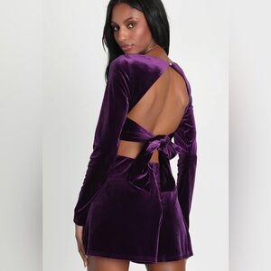Purple velvet long sleeve open back romper NWOT